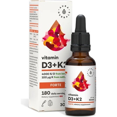 Aura Herbals Витамин D3 800 IU + K2 20 g (форте) 30 ml капки | Aura Herbals (611693 AH)