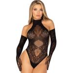 Leg Avenue Lace Halter Teddy and Long Gloves 89363 Black
