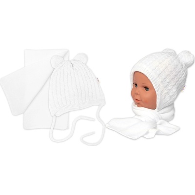 Baby Nellys zimní čepice na zavazování s bambulky + šál bílá