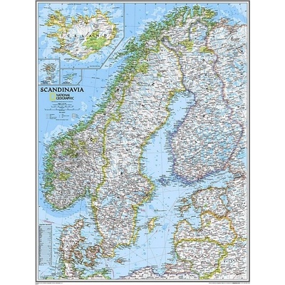 National Geographic Skandinávie a Island - nástěnná mapa Classic 60 x 75 cm Varianta: bez rámu v tubusu, Provedení: laminovaná mapa v lištách