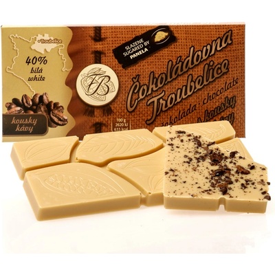 Čokoládovna Troubelice bílá 40% s Kávovými zrny 45 g