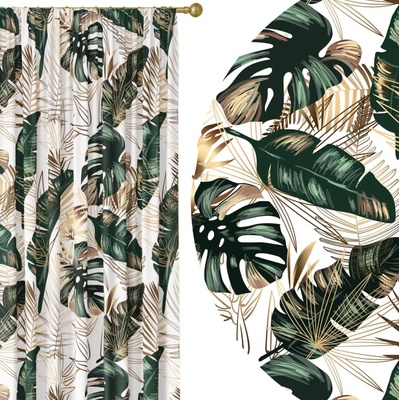Soovi Home Zatemňovací záves Jungle Tropic White – monstera, palmové listy a zlaté akcenty Veľkosť: 140x230 na riasiaci pás
