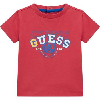 GUESS Червена тениска за бебе момче с надпис Guess в бяло, синьо и жълто