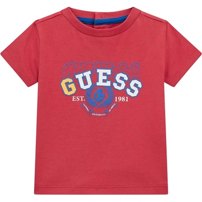 GUESS Червена тениска за бебе момче с надпис Guess в бяло, синьо и жълто