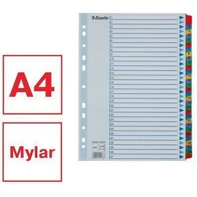 Zesílené rejstříky "Mylar", mix barev, karton, A4, 1-31, ESSELTE