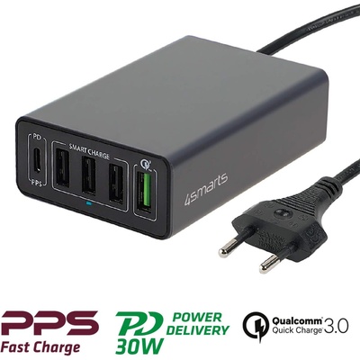 4smarts Mains Charging Station VoltPlug PPS Power Delivery & QC3.0 60W - захранване с 4хUSB изхода и USB-C изход (тъмносив)