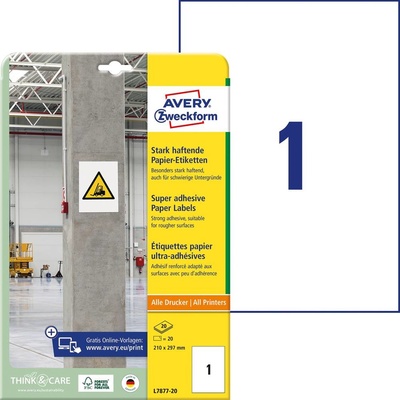 Avery-Zweckform L7877-20 210 x 297 mm papier biela 20 ks trvalé, silné etikety lepiace