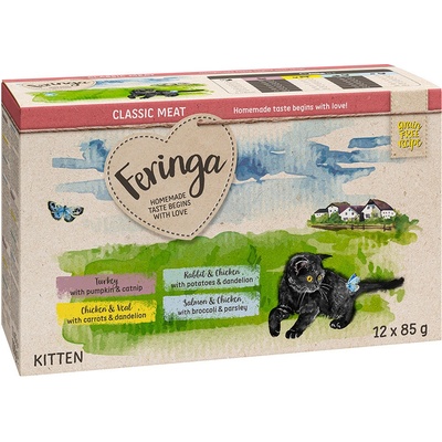 Feringa Classic Meat Menü Kitten Pouches míchané balení 1 krůtí kuřecí & telecí králičí & kuřecí losos & kuřecí 12 x 85 g