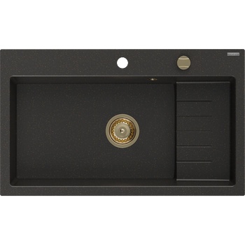 Mexen Omar гранитна мивка с 1 камера 800 x 480 mm, черен/златен металик, златен сифон - 6520801005-75-G (6520801005-75-G)