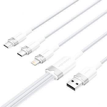 Vention USB-A 2.0/M - USB-C/Lightning/Micro USB-B, 1.5m, (white, 3A, 3in1), кабел