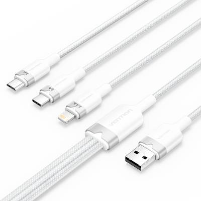 Vention USB-A 2.0/M - USB-C/Lightning/Micro USB-B, 1.5m, (white, 3A, 3in1), кабел