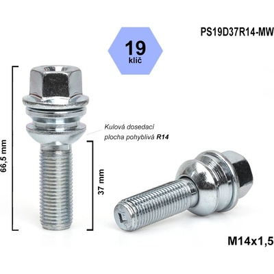 Kolový šroub M14x1,5x37 kulový R14 pohyblivá plocha, klíč 19, PS19D37R14-MW, výška 66,5 | Zboží Auto