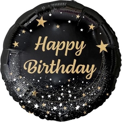 GODAN Balón foliový 45 cm kulatý černý se zlatým nápisem Happy Birthday narozeniny