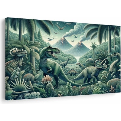 Obraz dinosaury v pralesnej krajine so sopkami