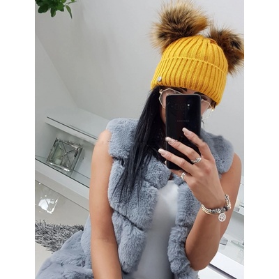 Fashionweek dámská čepice se dvěma bambulkami MAD-K2 hořčičný