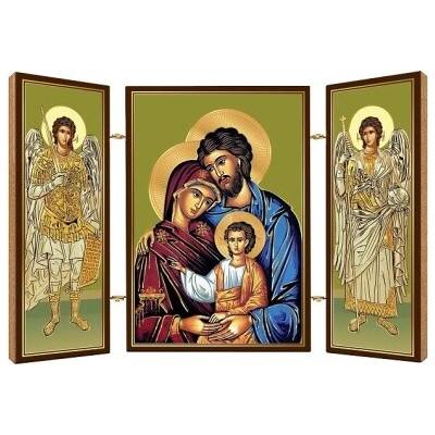 Triptych: ikona Svätej rodiny + archanjeli, drevený - N14