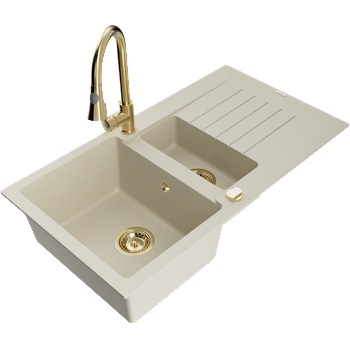 Mexen Matias гранитна мивка 1, 5-камерна с отцедник и кухненски смесител Elia, бежов - 6502-69-670101-50 (6502-69-670101-50)