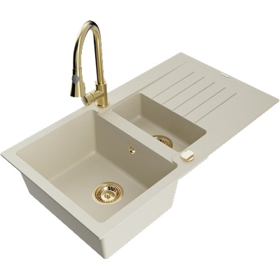 Mexen Matias гранитна мивка 1, 5-камерна с отцедник и кухненски смесител Elia, бежов - 6502-69-670101-50 (6502-69-670101-50)