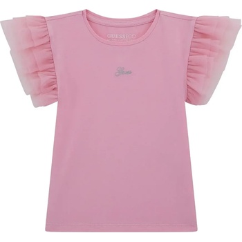 GUESS Едноцветна розова тениска за мини момиче с воали на ръкавите и златист надпис Guess