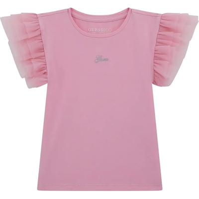 GUESS Едноцветна розова тениска за мини момиче с воали на ръкавите и златист надпис Guess