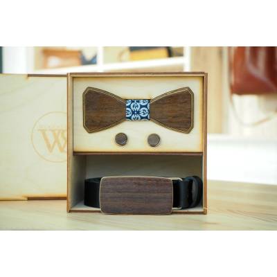 Wood Style Set Hranatý WS Modrotisk opasek motýlek a manžetové knoflíčky Černá Ořech
