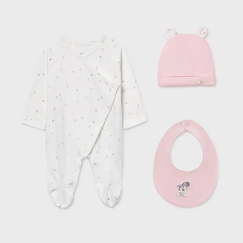 Mayoral Сет ромпър в мръсно бяло с шапка и лигавник в розово за новородено момиче Мayoral