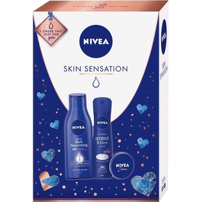 Nivea Skin Sensation Body Milk výživné telové mlieko pre ženy 250 ml + Protect & Care antiperspirant sprej pre ženy 150 ml + krém 30 ml darčeková sada