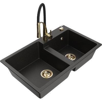 Mexen Tomas гранитна мивка с 2 камери с кухненски смесител Aster, черен/златен металик - 6516-75-73450-57-G (6516-75-73450-57-G)