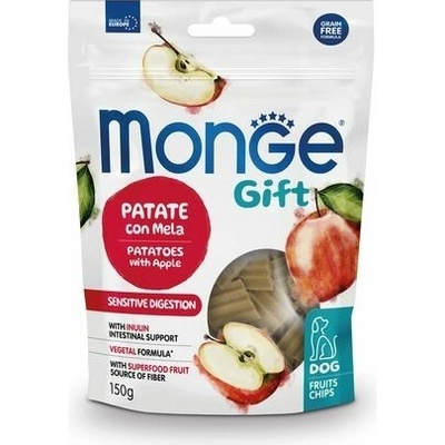 MONGE GIFT Fruit Chips Sensitive digestion ovocné čipsy pre psov s citlivým trávením so zemiakmi a jablkami 150 g