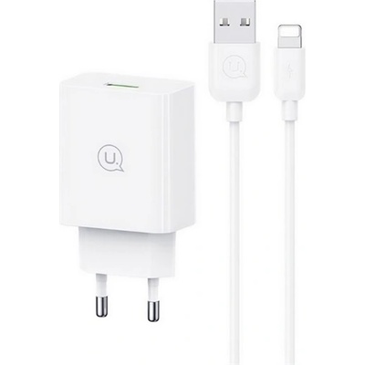 USAMS SC мрежово зарядно устройство с USB гнездо 18W, PD бързо зарядно устройство 3.0 + Lightning кабел, БЯЛО SCXLTZ03 (SCXLTZ03)