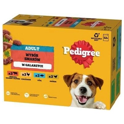 Pedigree Adult s mixem hovězího masa a játry s kuřetem s rybou s drůbežím v želé 12 x 100 g