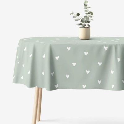 Goldea oválny obrus 100% bavlnené plátno srdiečka na šalviovo zelenom 140x280cm