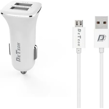 DeTech Зарядно устройство за кола DeTech, DE-C01M, 5V/2.4A, 12/24V, С Micro USB кабел, 2 x USB, Бял (14124)