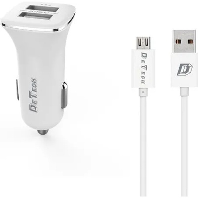 DeTech Зарядно устройство за кола DeTech, DE-C01M, 5V/2.4A, 12/24V, С Micro USB кабел, 2 x USB, Бял (14124)