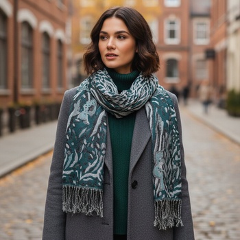 Красив шал в петролено с бели цветя и ламе