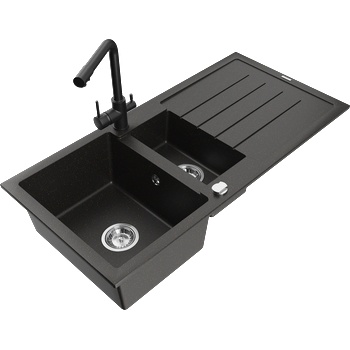 Mexen Andres гранитна мивка с 1, 5 камери с отцедник и кухненски кран Duero, черен/златист - 6515-75-671600-70 (6515-75-671600-70)