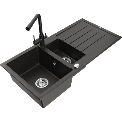 Mexen Andres гранитна мивка с 1, 5 камери с отцедник и кухненски кран Duero, черен/златист - 6515-75-671600-70 (6515-75-671600-70)