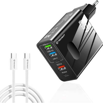Techsuit - Премиум стенно зарядно PentaXPower (CHC1) - Включен кабел Type-C, 3x USB, 2x Type-C PD 25W, 65W, GaN, 1m - Черен