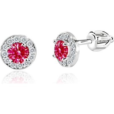 Duppi dievčenské náušnice okrúhle DU 32039 z bieleho zlata s kamienkami uprostred rubínovo červenými okolo bielymi zapínánie balónik