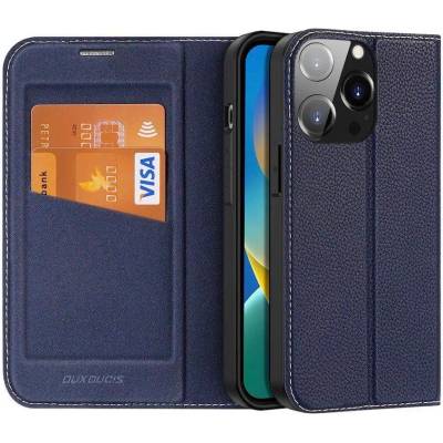 Dux Ducis Skin X2 Case - кожен калъф с поставка и отделение за кр. карти за iPhone 14 Pro (син)