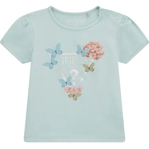 GUESS Тениска за бебе момиче в ментов цвят с бяло лого и нежни цветя Guess