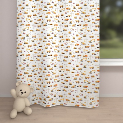 Biante Dětský bavlněný závěs Sandra SA-081 Nákladní auta a bagry na bílém 140x260 cm