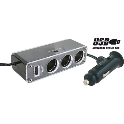 Rozdvojka autozapalovača 3x +1xUSB 0,5A 12-24V/5V SA023