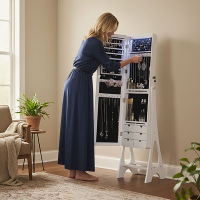 Pepita Шкаф за съхранение на бижута с огледало 155 см, бял (TT-JC04)