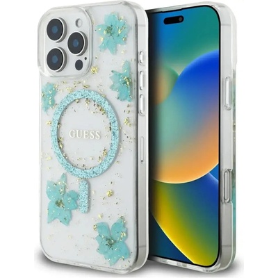 GUESS Калъф Guess Resin Flowers Glitter MagSafe за iPhone 16 Pro - прозрачно зелен (3666339429201)