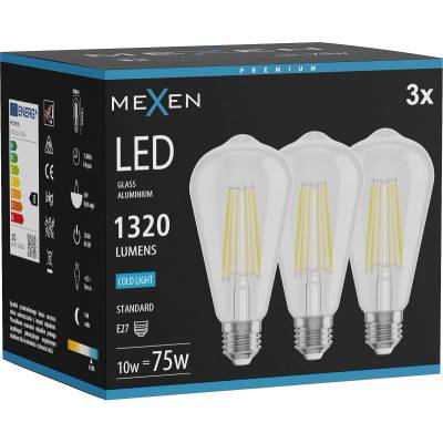 Mexen Vintis 3x LED филаментна крушка E27, ST64, 10W, Студено - 6500K, 1320 lm, прозрачно - (L152-E27-1065-00x03)