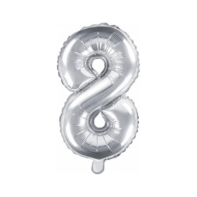 PartyDeco Fóliový balónek Mini Číslo 8 stříbrný 35 cm