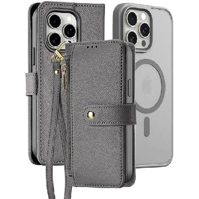 Свалящ се флип кейс Lawa 2в1 с MagSafe и портфейл за iPhone 15 Pro Max - сив (84858)