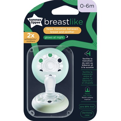 Tommee Tippee Ортодонтични залъгалки Tommee Tippee - Breast Like, Night 0-6 m, 2 броя (TT.0207)