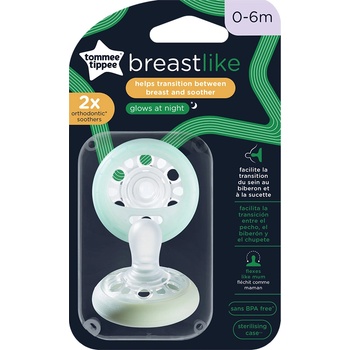 Tommee Tippee Ортодонтични залъгалки Tommee Tippee - Breast Like, Night 0-6 m, 2 броя (TT.0207)
